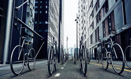 Installation placed in Oslo of metal bikes standing side by side.