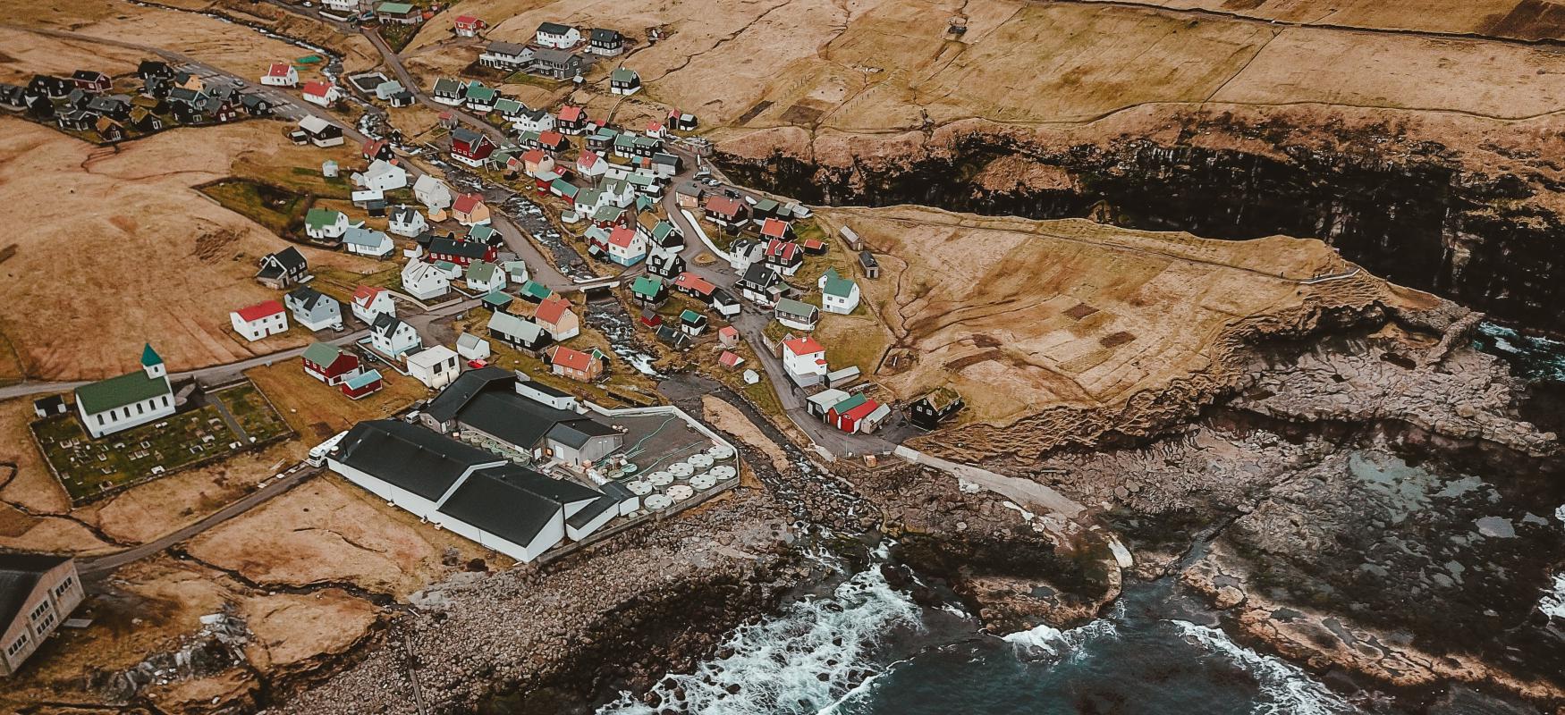 Small town on the Faroe Islands seen from the sky.