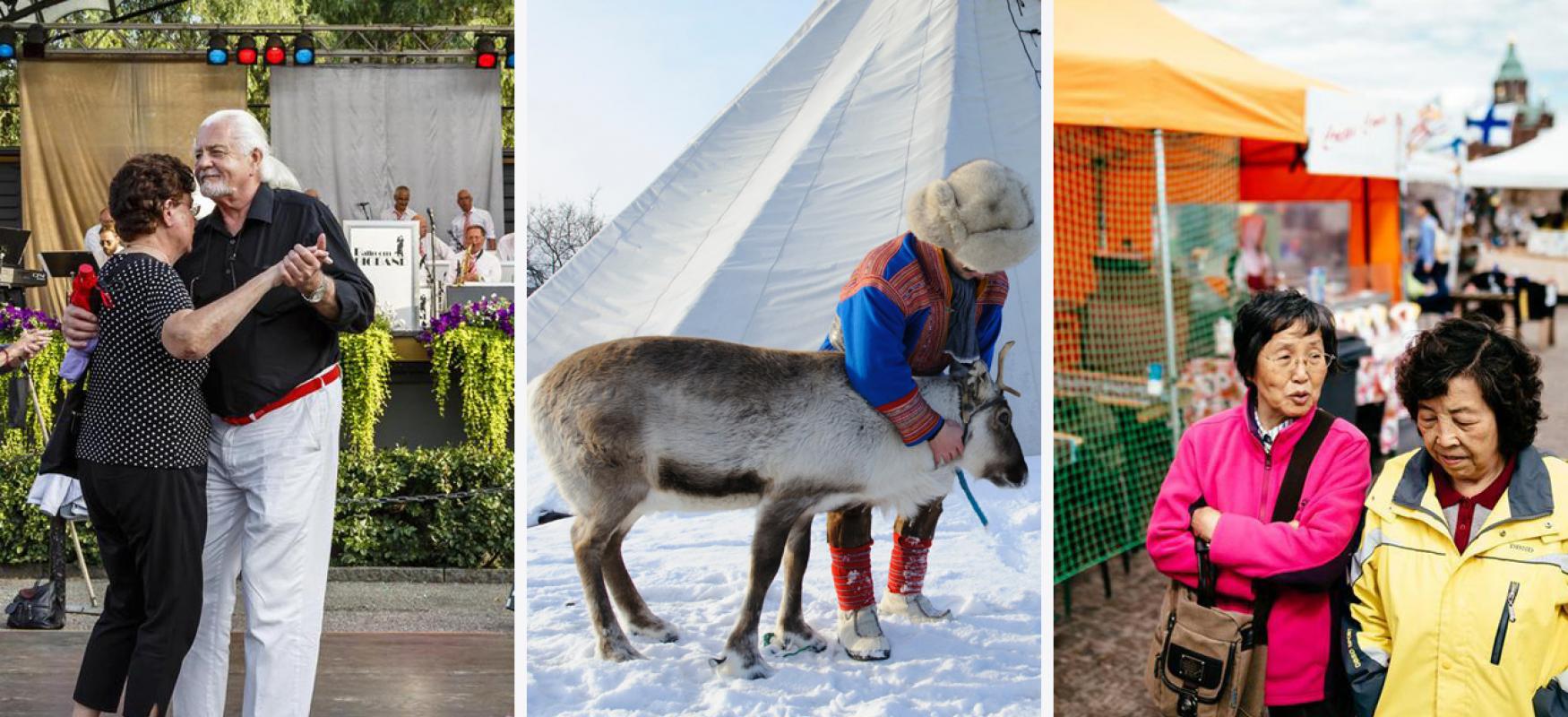 Collage of elderly couple dancing, Sami with reindeer and Asian tourist in Helsinki.