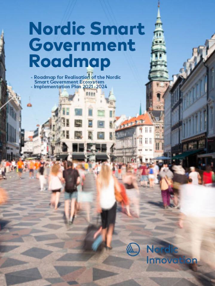 Nordic Smart Government Roadmap frontpage. People walking along Strøget in Copenhagen on a Summer day-