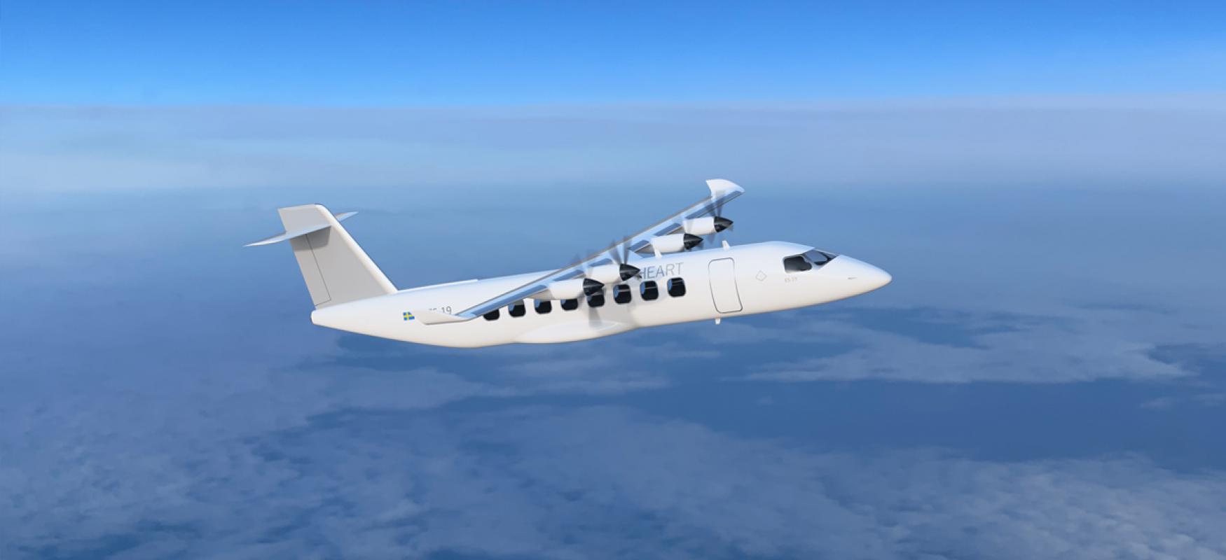 Model of an electric airplane flying in the skies.