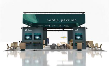 Green pavilion with Nordic ITS logos and screens surrounded by light coloured wooden chairs.