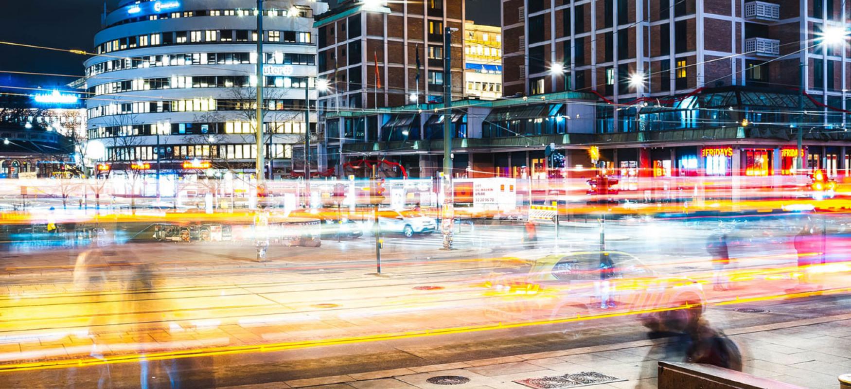 Jernbanetorget in Oslo by night.