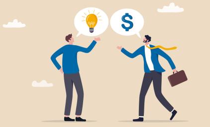Illustration of two men meetin. One with an idea, the other with money to invest