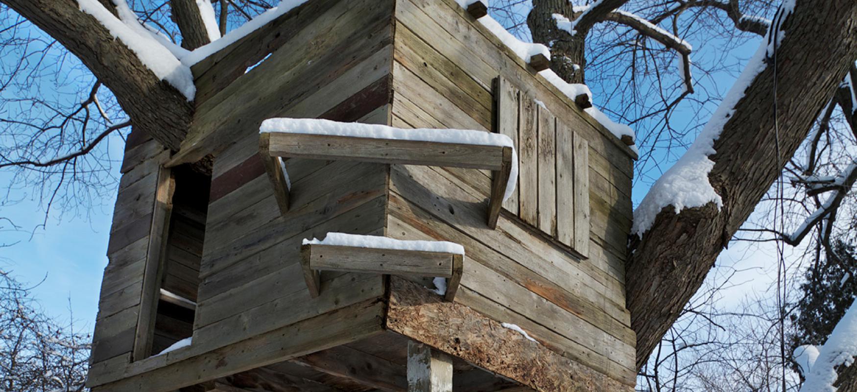 Tree house in a winter forest.