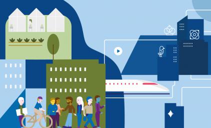 Group of people interacting in front of a city with green trees, high-rise building and a train.