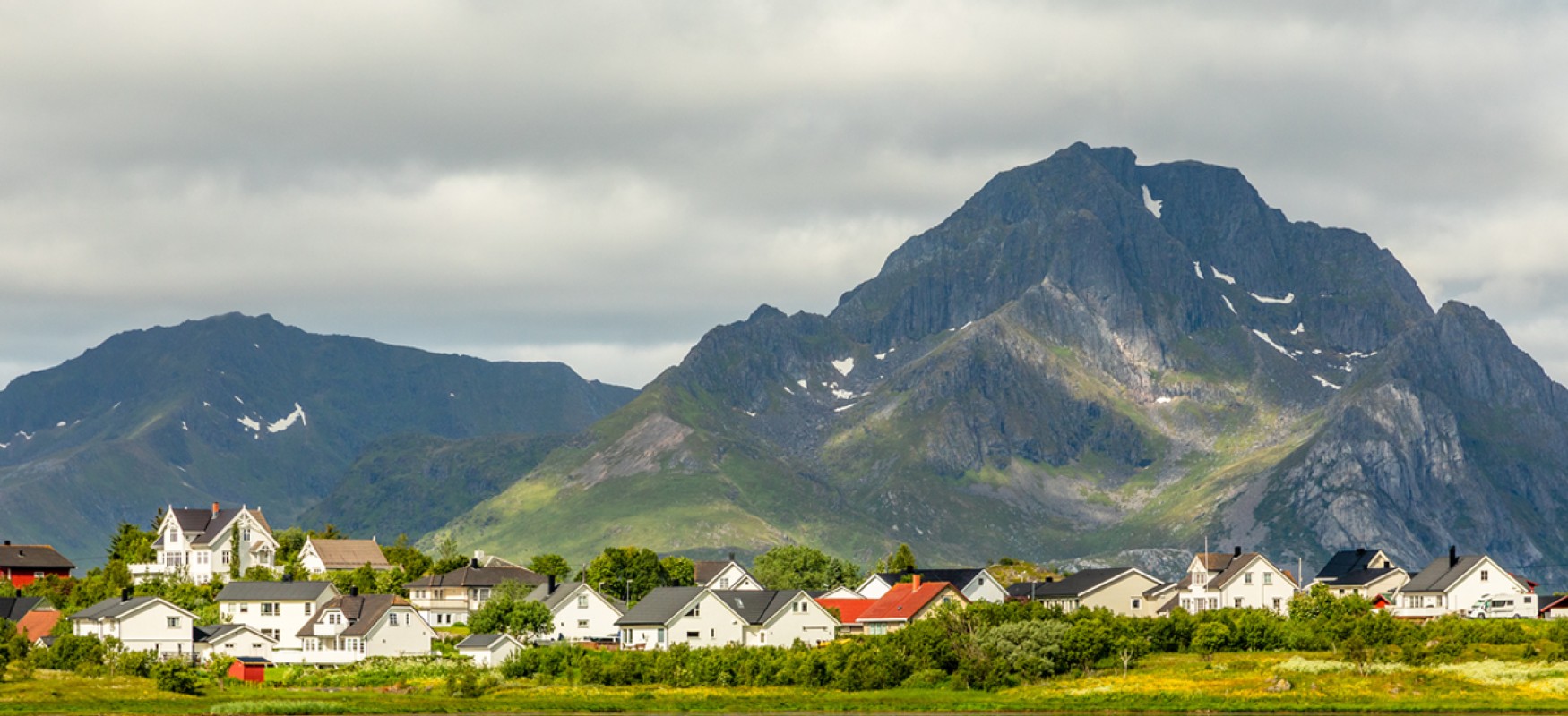 Houses by the sea with mountain in the background, Leknes, Lofoten
