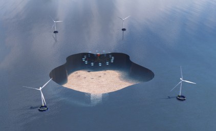 Illustration of how a sea farms and wind turbins at sea could look like