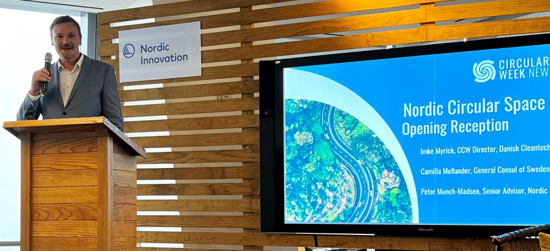 Peter Much-Madsen speaking at Nordic Circular Space opening in New York 2022