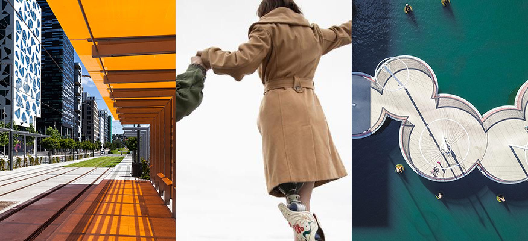 Collage of three images showing a tram stop in Oslo, a girl with a prosthetic leg and a bridge in Copenhagen.