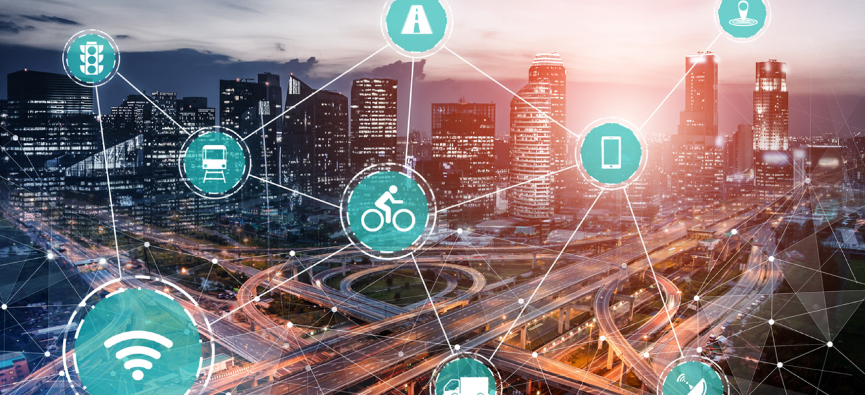 Image of a city by night with glowing virtual connectivity map overlay