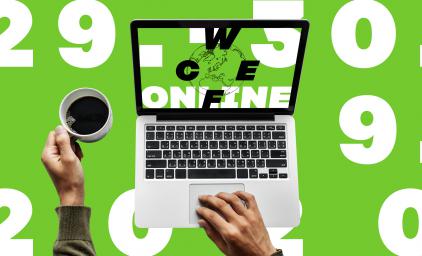 29-30 September 2020 man holding coffee cup, with a computer in front of him with the WCEFonline logo on it.